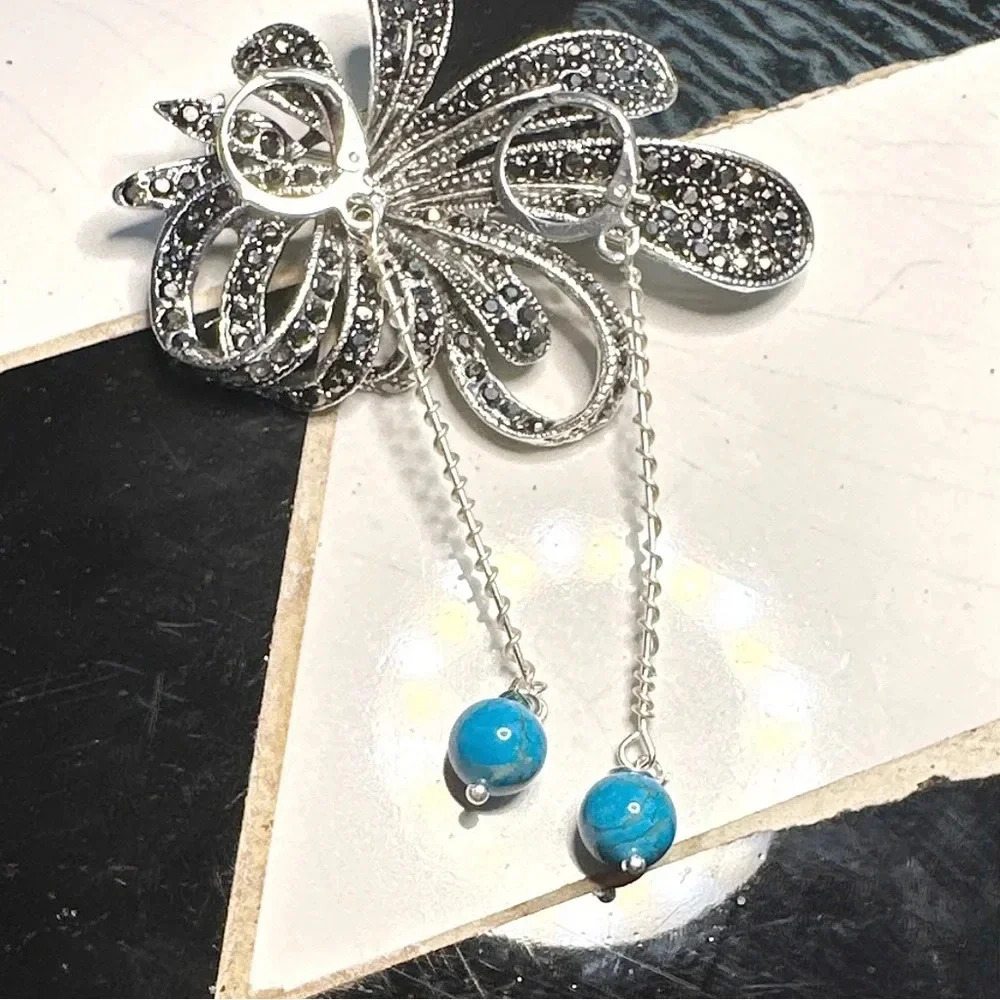 Turquoise silver very long balanced bar dangle spheres earrings/ art deco vibes